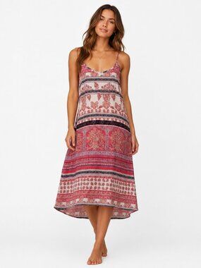 AnM Dress Women Sz Medium Red Floral Midi Paisley Tank Shift Flowy Boho Bohemian